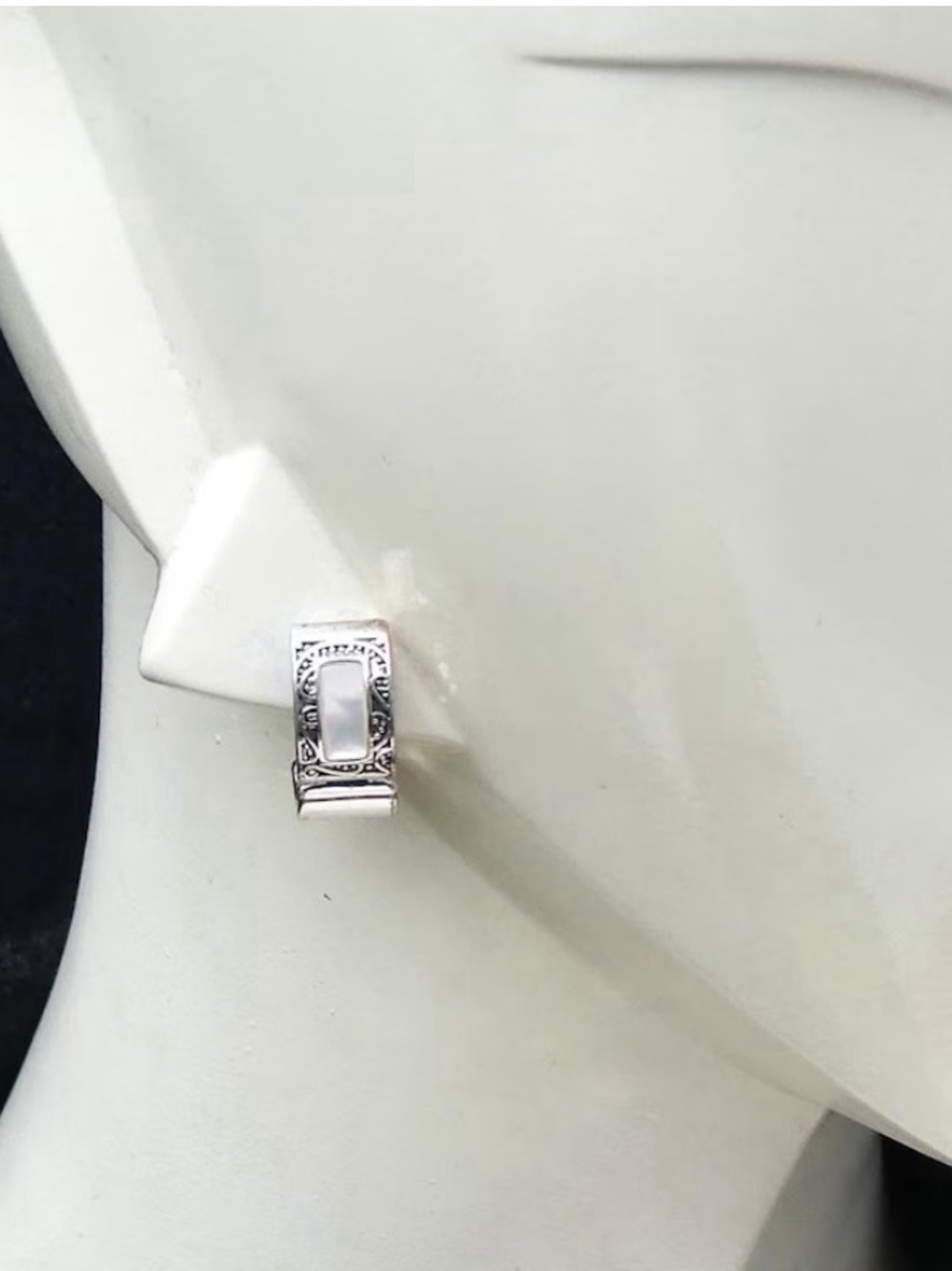 Monet Silver Tone Mother-of-Pearl Inset Huggie Earrings